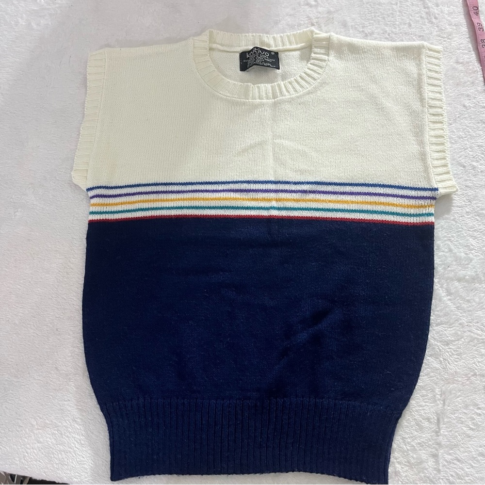 Vintage Korean Knitivo Rainbow Stripe Crew Neck Sweater Vest Navy Blue XS Wom